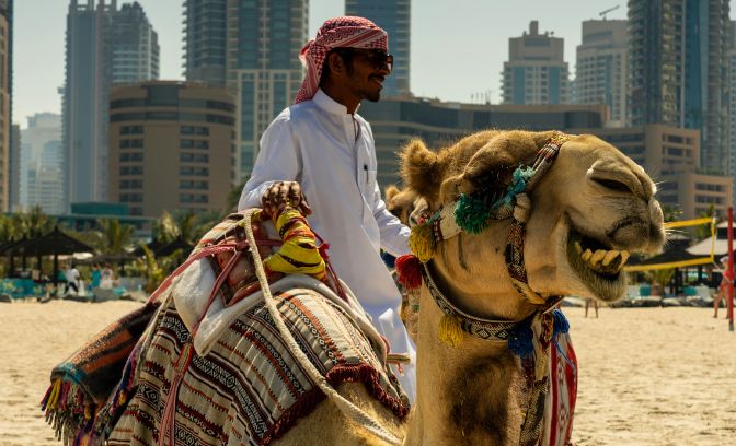 Downtown Dubai met een kameel